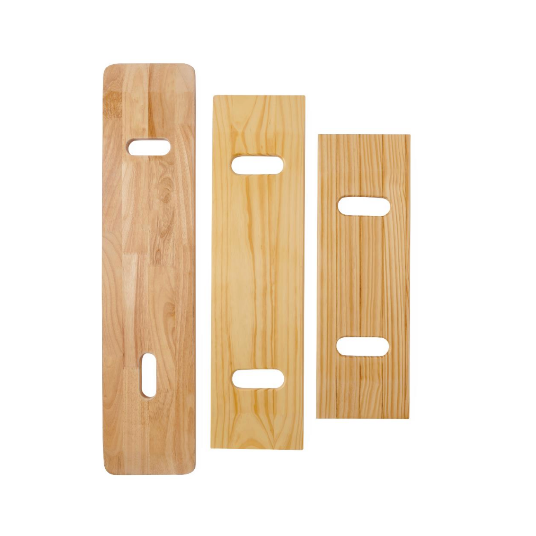 Three Medline Standard Wooden Transfer Boards, each with two oval cut-out handles and in different sizes, are arranged vertically on a white background.